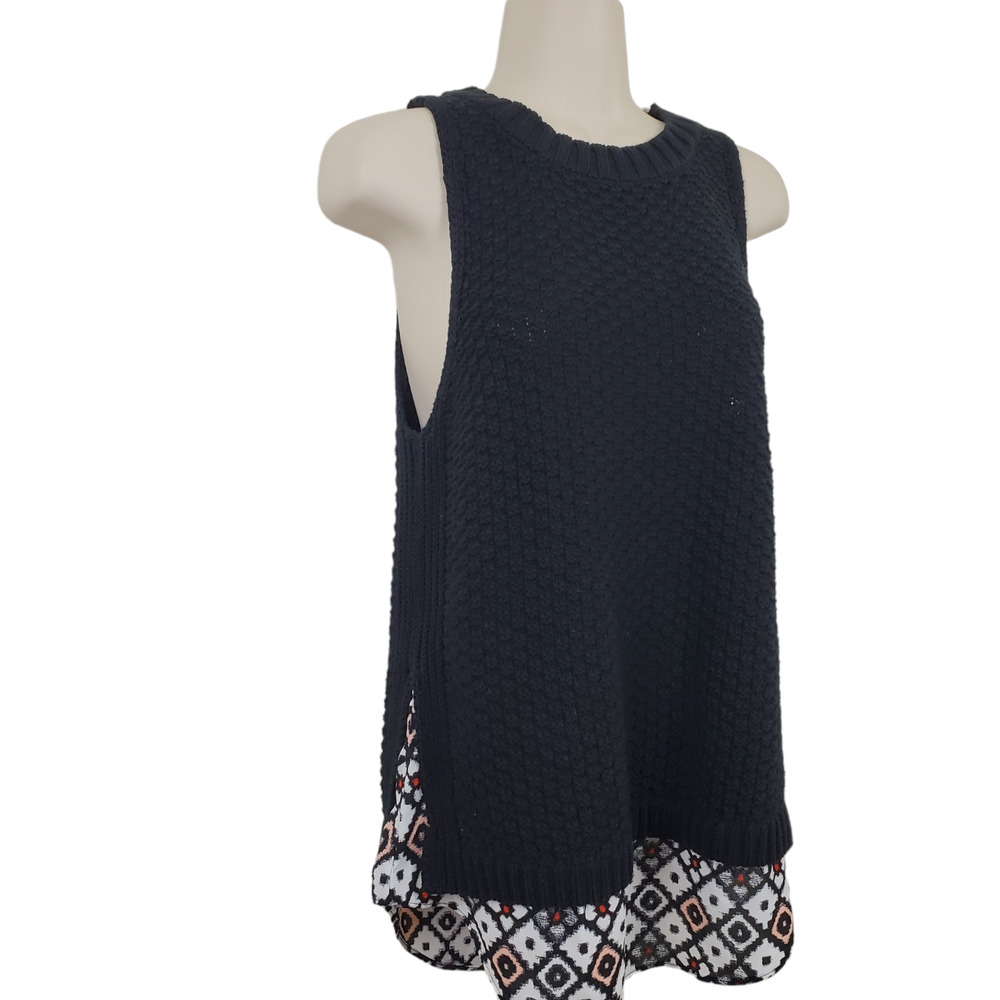 LOFT | CABLE KNIT SLEEVELESS ABSTRACT CONTRAST HEM SWEATER SHIRT WOMEN'S SMALL